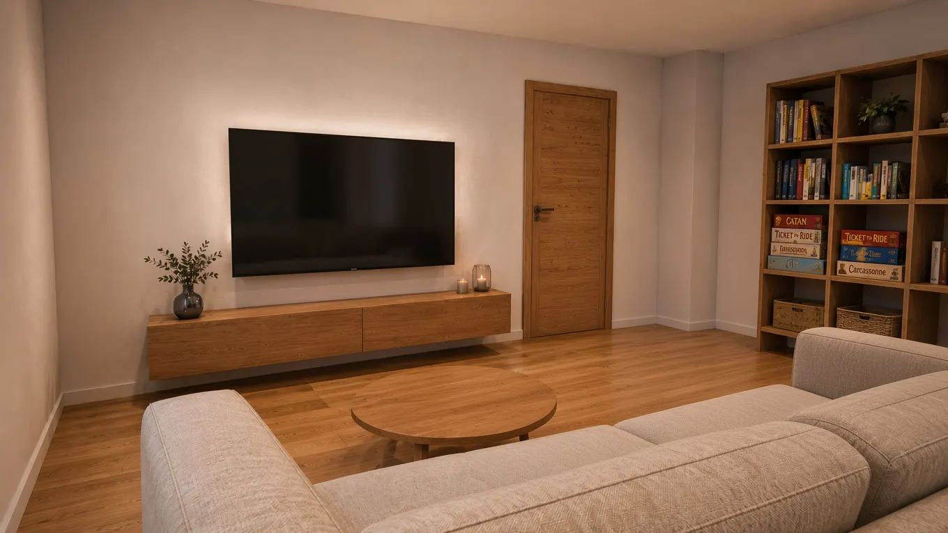 Impression of a living room in Hoher Riffler: a light grey corner sofa, a round wooden coffee table, a TV and a wooden shelf with books and games.